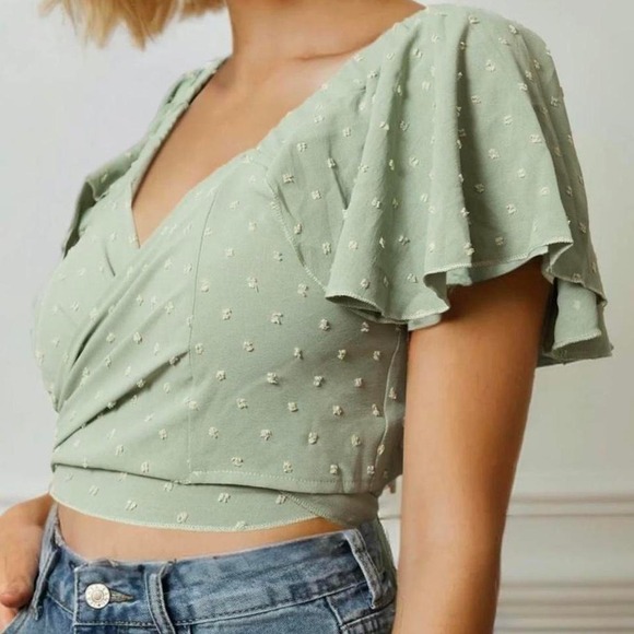 sage green swiss dot wrap crop top size L - Picture 3 of 8
